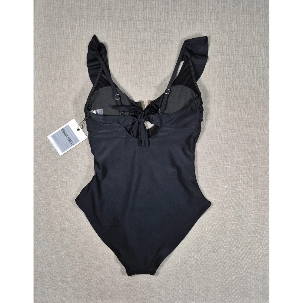 Hanna Nikole Black One Piece Swimsuit Ruffle V-Neck Tummy‎ Control Size L NWT